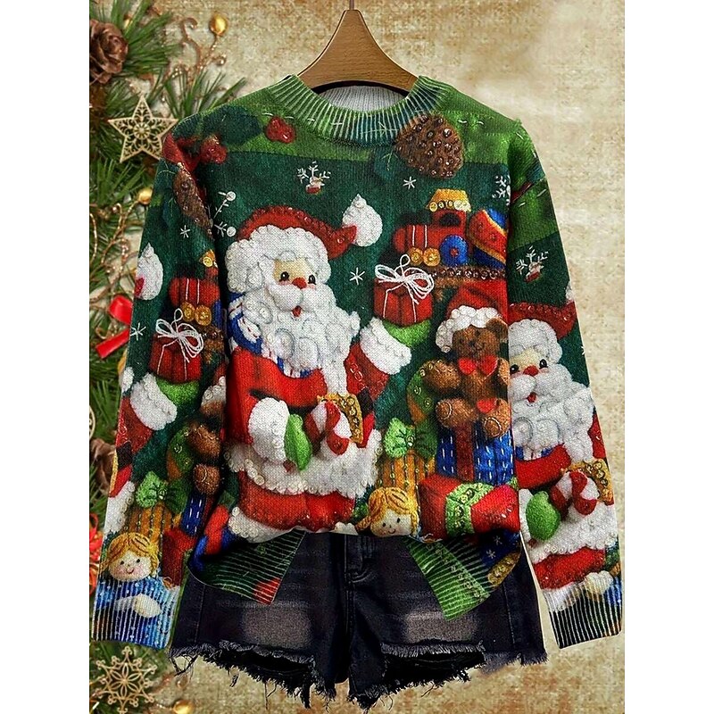 Women's Sweater Pullover Daily Casual Graphic Christmas Tree Santa Claus Ribbed Crew Neck Knitted Print Long Sleeve Regular Tops Knit Outdoor Weekend Green Fall Winter2