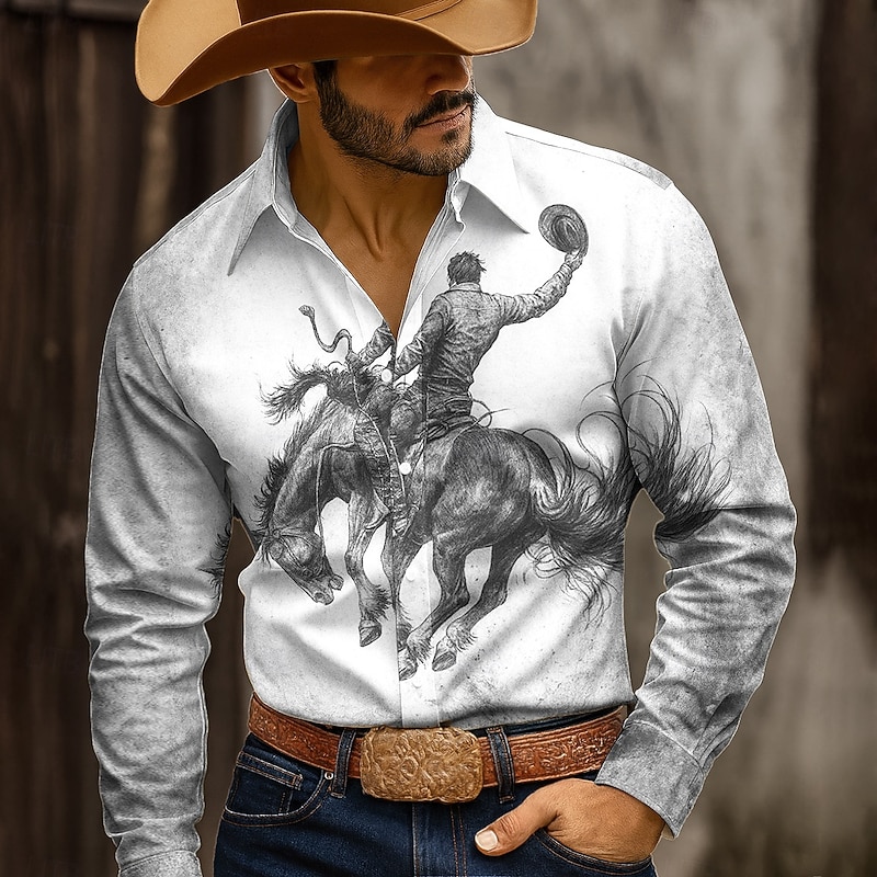 Men's Horse Racing Shirt Button Up Shirt Cowboy Shirt Long Sleeve Western Style Outdoor Camping & Hiking Hunting Spring Fall Turndown 3D Print Collared Shirts White Khaki3