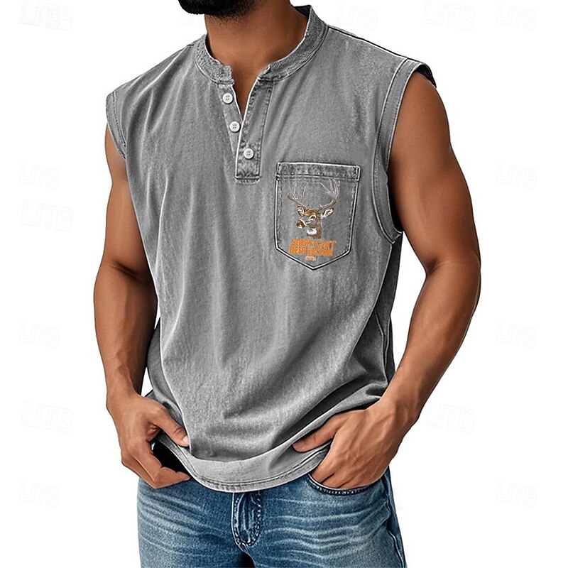 Men's Vest Top Undershirt Sleeveless Shirt Sleeveless Henley All Seasons Reindeer Deer Fashion Designer Pocket Vacation Street Going out Black Pink Dark Navy Top Tee for Men2