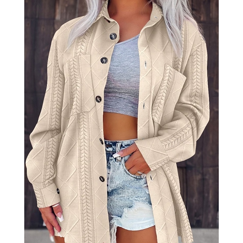 Women's Sweater Cardigan Streetwear Casual Solid Color Cable Shirt Collar Pocket Buttons Knitted Long Sleeve Regular Tops Knit Daily Holiday Going out Black White Fall Winter3