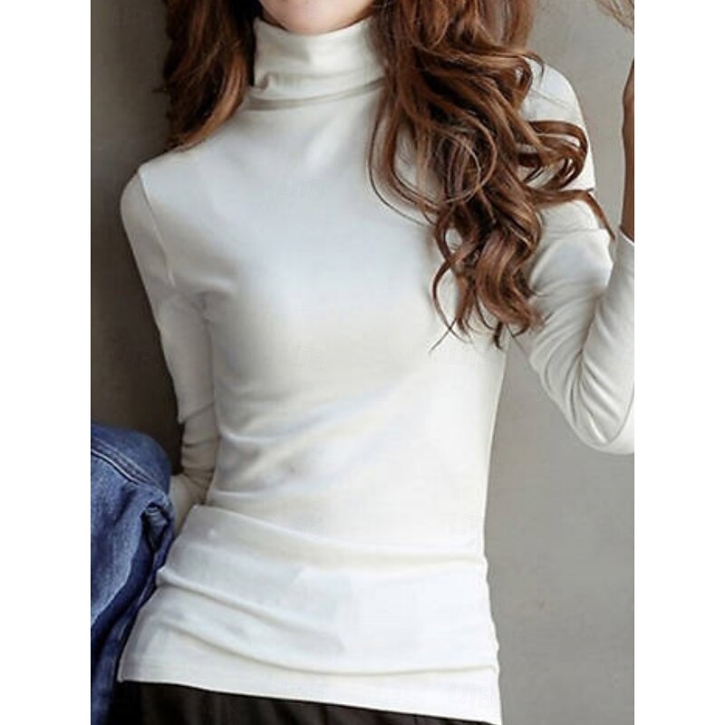 Women's Blouse Solid Color Elegant Stylish Basic Long Sleeve Turtleneck Regular Tops Daily Black White Pink Red Brown Spring Fall Winter2