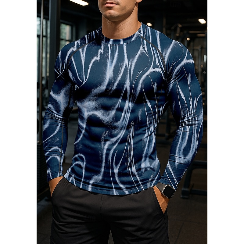 Men's Compression Shirt Running Shirt 3D Print Long Sleeve Base Layer Striped Quick Dry Compression Power Flex Moisture Wicking Gym Workout Active Training Exercise Sportswear Activewear Blue