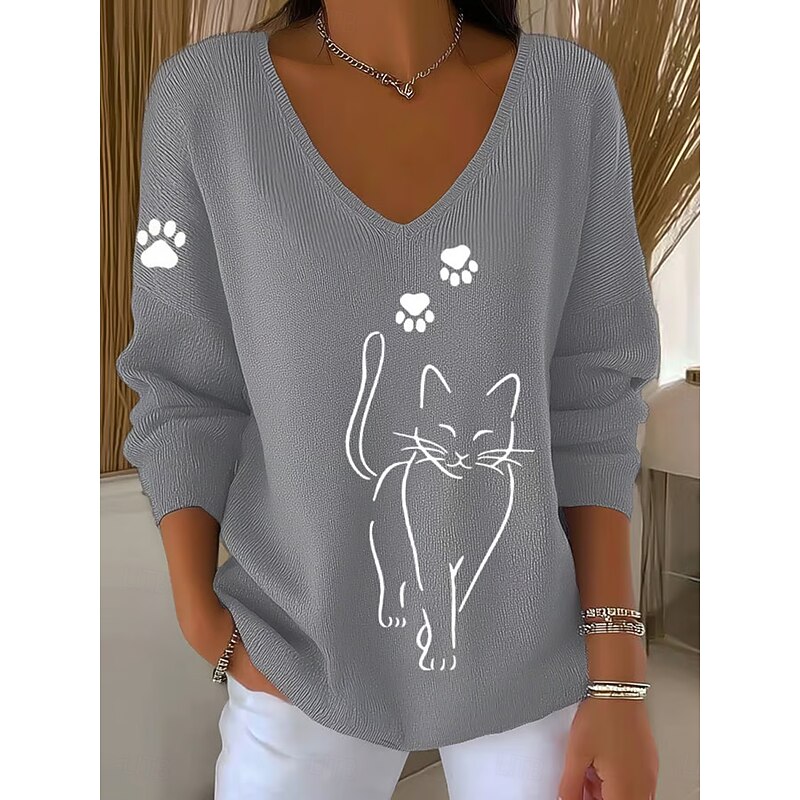 Women's Sweater Pullover Fashion Streetwear Casual Graphic Animal V Neck Oversized Knitted Long Sleeve Regular Tops Knit Outdoor Daily Black Blue Spring Fall3