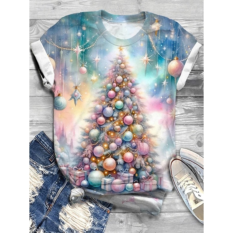 Christmas Women's T Shirt Graphic Christmas Tree Vintage Stylish Classic Short Sleeve Crew Neck Round Neck Regular Tops Daily Print Blue Sky Blue Green Summer Spring Winter3