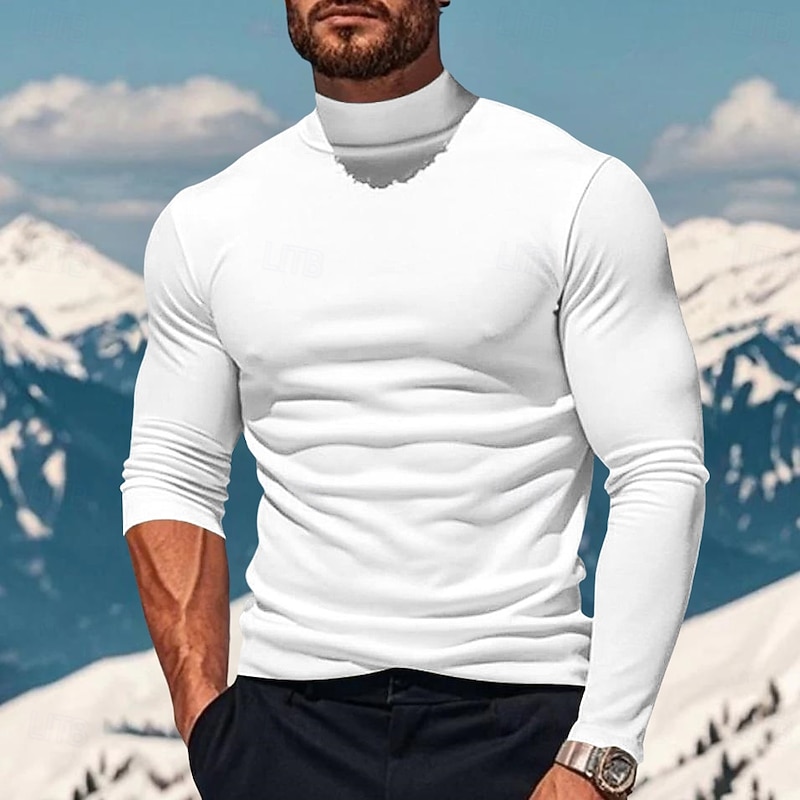 Men's Tee Top Long Sleeve Shirt Mock Turtleneck Long Sleeve Turtleneck Pile Neck Winter Spring &  Fall Solid Color Daily Casual Street Style High Neck Plain Formal Outdoor Street Black White Yellow