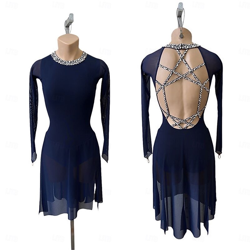 Figure Skating Dress Women's Girls' Ice Skating Dress Pink Dark Navy Open Back Asymmetric Hem Mesh High Elasticity Training Competition Skating Wear Classic Crystal / Rhinestone Long Sleeve Ice
