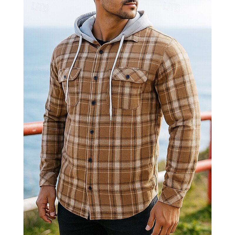 Men's Flannel Jacquard Jacket Hoodie  Shirt Jacket with Pockets Long Sleeve Top Athleisure Plaid Checkered Windproof Warm Hiking Travel Vacation Sportswear Activewear Black Red Khaki4