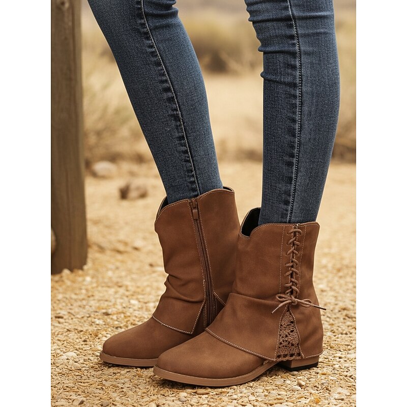 Women's Dark Brown Faux Leather Ankle Boots with Side Zipper and Lace Detail – Casual Vintage Low Heel Boots for Daily Wear, Travel and Outdoor Outfits4