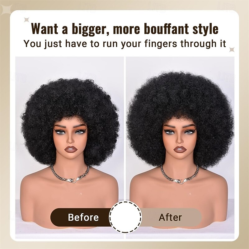 Afro Wigs for Black Women 70s Afro Kinky Curly Wig with Bangs Bouncy Huge Fluffy Puff Wigs Synthetic Hair for Cosplay Daily and Party 14Inch2