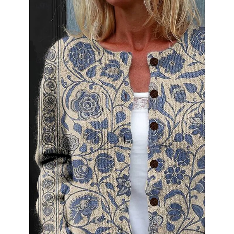 Women's Cardigan Daily Floral Graphic Ribbed Crew Neck Floral Buttons Print Long Sleeve Regular Tops Knit Outdoor Weekend Dusty Blue Fall Winter2