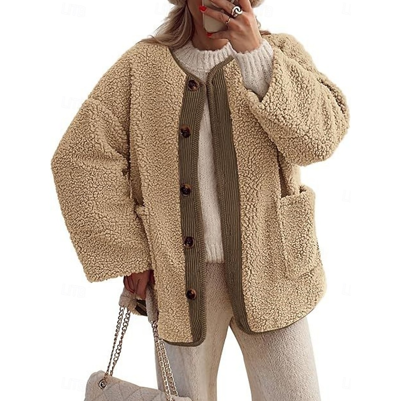 Women's Winter Coat Teddy Coat Comfortable Breathable Pocket Buttons Casual Plain Vacation Street Casual Daily Wear Single Breasted Regular Turndown Loose Fit Long Sleeve Outerwear Black Wine Brown