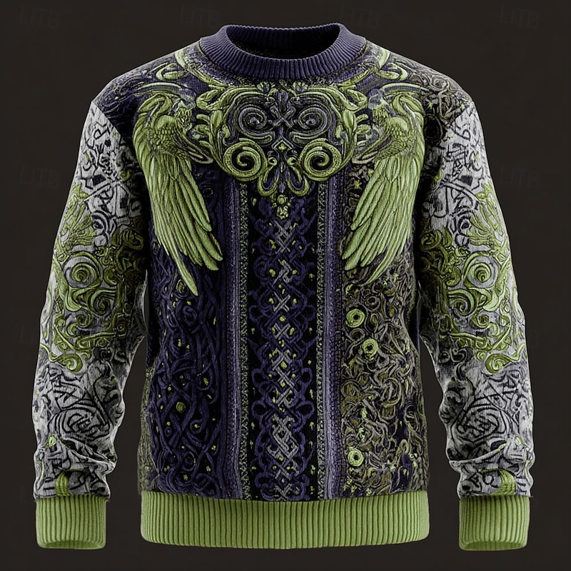 Men's Viking Pullover Sweater Jumper Knitwear Crewneck Retro Vintage Casual Vacation Daily 3D Print Knitting Keep Warm Long Sleeve Spring Fall Winter Blue Brown Green3