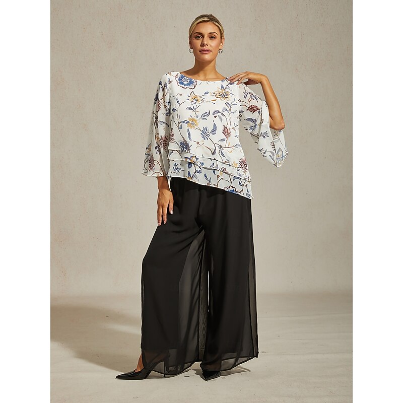 Women's Floral Print Layered Top with Bell Sleeves – Loose Fit Tiered Blouse in Lightweight Crepe Fabric4