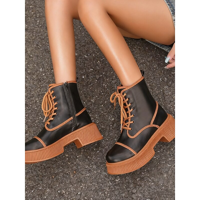 Women's Chunky Platform Lace-Up Ankle Boots - Retro Contrast Trim Street Style Shoes for Casual and Party Wear3
