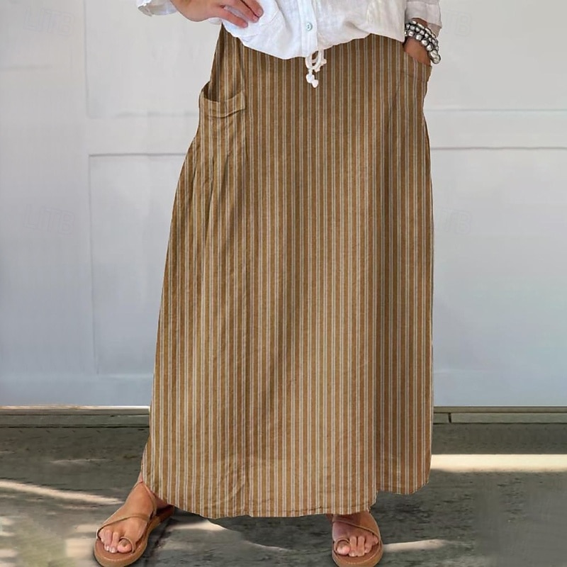 Women's Skirt Casual Maxi Mid Rise Skirts Striped Pocket Micro-elastic Vacation Street Sky Blue Brown Beige Grey Spring Polyester