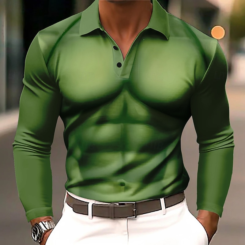 Men's Simulation Polo Long Sleeve Polo Shirts Lapel Casual Street Daily Wear 3D Print Buttons Spring Fall Winter Dark Brown Green Gray