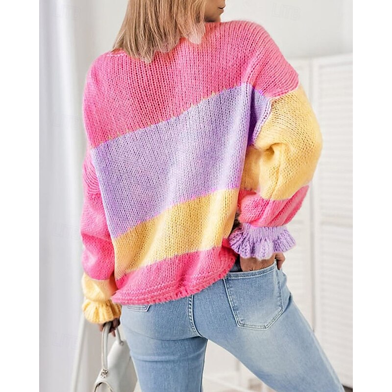 Women's Sweater Cardigan Streetwear Casual Color Block V Neck Ruffle Patchwork Buttons Long Sleeve Regular Tops Knit Daily Holiday Going out Yellow Fall Winter2
