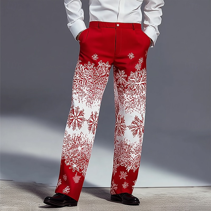 Christmas Men's Snowflake Christmas Costume Trousers Dress Pants Suit Pants Mid Waist Classic Style Outdoor Holiday Straight Leg Pants with Pockets Spring Fall Winter 3D Print Red