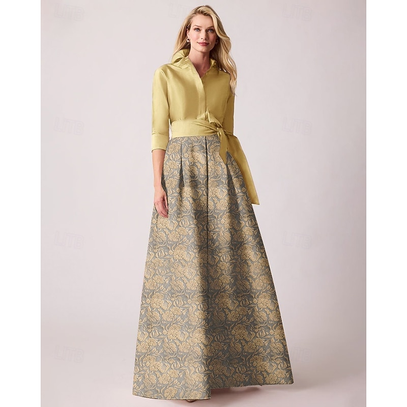 Jacquard Brocade Floral Mother of the Bride A-Line Cocktail Dresses Elegant Dress Formal Wedding Floor Length Long Sleeve Shirt Collar Detachable Nylon4