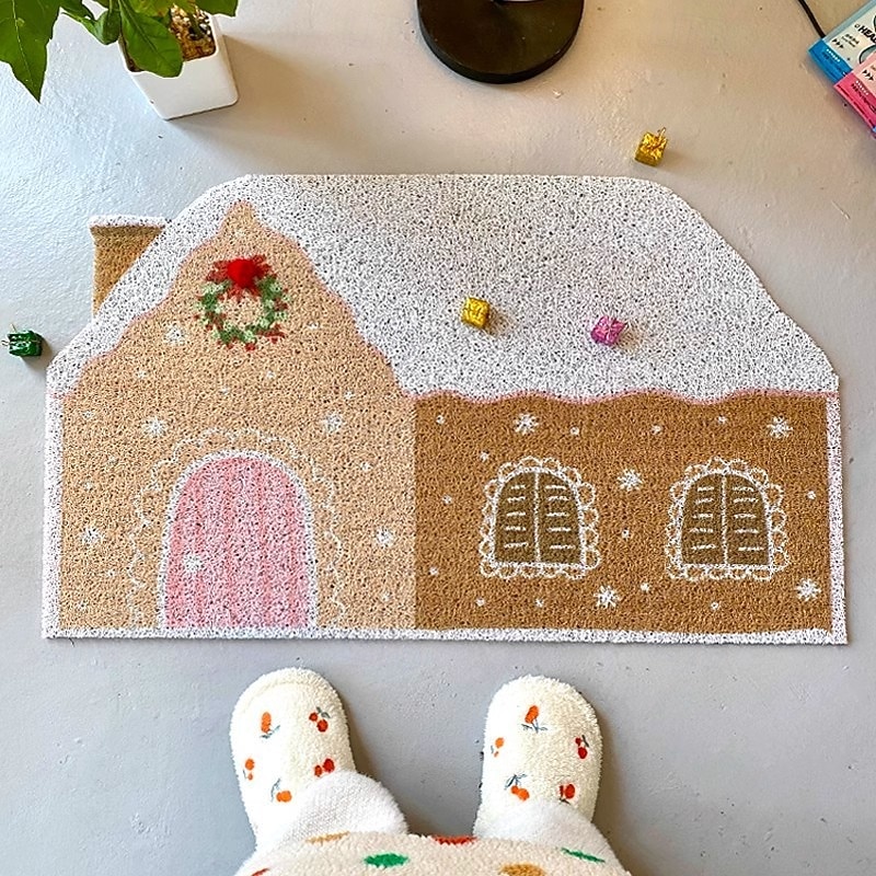 New Christmas Gingerbread House Doormat, Dirt-Resistant and Non-Slip Entrance Floor Mat, Durable Coiled Rug for Entryway
