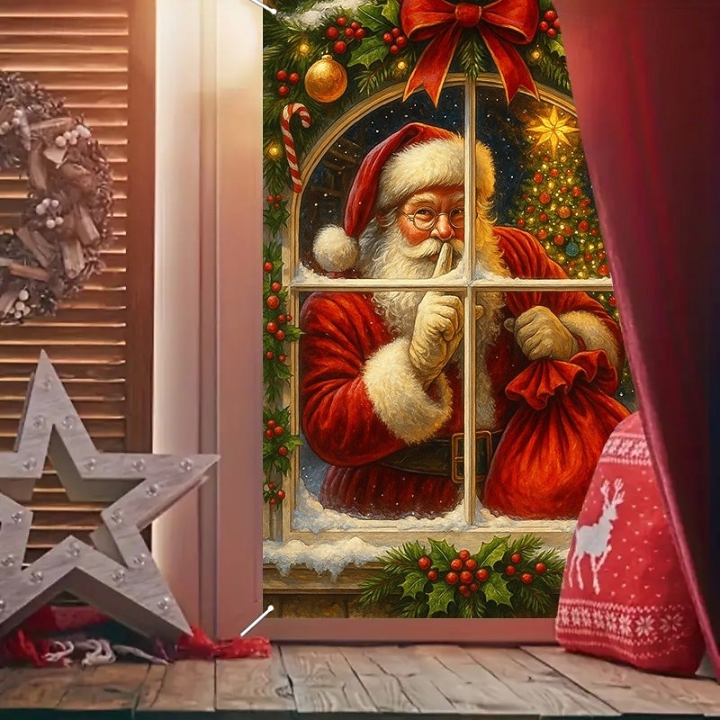Christmas Santa at Window Curtain, 2025 Xmas Traditional Window Curtain Door Cover with Gifts, Holiday Decoration for Living Room, Front Door