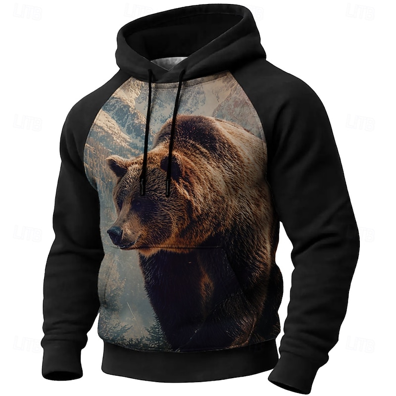 Men's Bear Hoodie Sweatshirt 3D Hunting Hooded Outdoor Sports Outdoor Black Blue Raglan Sleeves Fall Winter Designer3