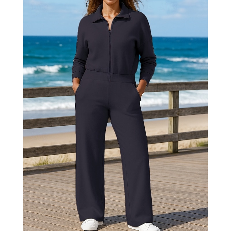Women's One Piece Sweatsuit Lounge Outfits  Pocket Solid Colored Clothing Suit Fall Black White Cotton Outdoor Travel Sports Moisture Wicking Long Sleeve Sport Activewear Micro-elastic Regular Fit4