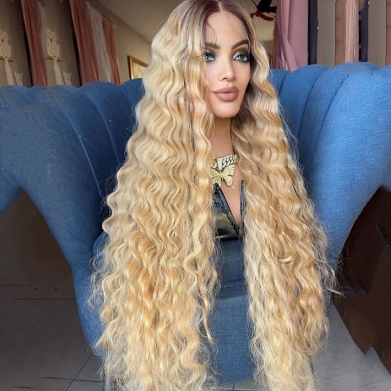 Remy Human Hair 5x5 Closure 13x4 Lace Front Wig Middle Part Brazilian Hair Water Wave Blonde Wig 150% 180% Density with Baby Hair Ombre Hair Highlighted / Balayage Hair 100% Virgin Pre-Plucked For2