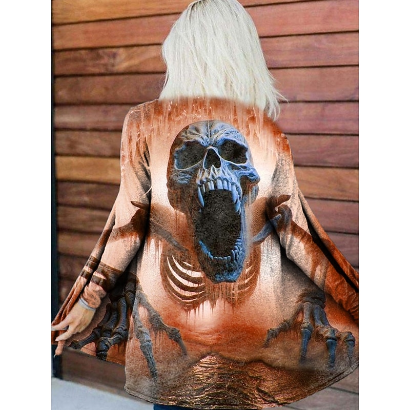 Women's Coat Lightweight Comfortable Print Open Front Vintage Artistic Casual Halloween Skull Casual Short Collarless Regular Fit Long Sleeve Outerwear Blue Purple Orange Spring Fall2