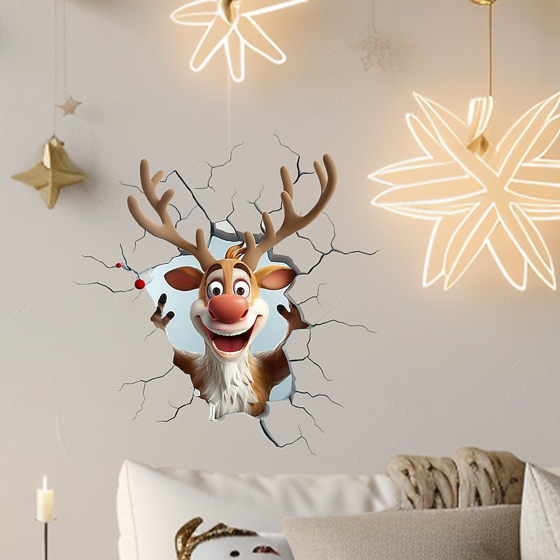 Christmas Sticker Wall Decals Creative 3D Broken Wall Cartoon Reindeer Removable Vinyl Mural Holiday Party Background Living Room Home Decoration For Christmas Festival Atmosphere4