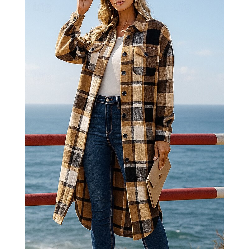 Women's Single-breasted Trench Coat with Pockets Long Sleeve Top Athleisure Plaid Checkered Windproof Warm Hiking Travel Vacation Sportswear Activewear Black Red Green