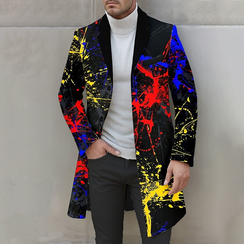 Men's Color Block Overcoat Coat Casual Daily 3D Print Buttons Front Pocket Spring Fall Winter Notch Long Sleeve Black 1 Black Black 2