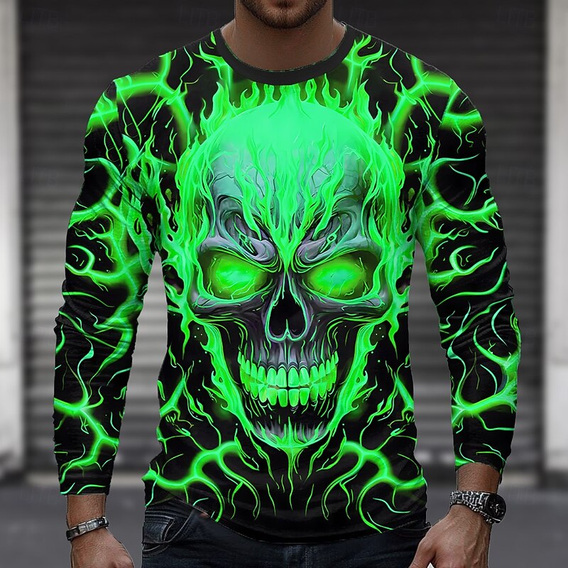 Halloween Men's Skull Hellfire Flames T Shirt Long Sleeve T shirt 3D Print Crew Neck Shirt Fashion Exaggerated Street Casual Daily Yellow Purple Green Summer Spring Fall Clothing Apparel S M L XL XXL2