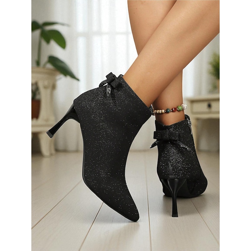 Women's Glitter Ankle Boots with Pointed Toe and Kitten Heel - Elegant Black Side-Zip Booties with Bow Detail for Parties, Date Nights and Holiday Events4