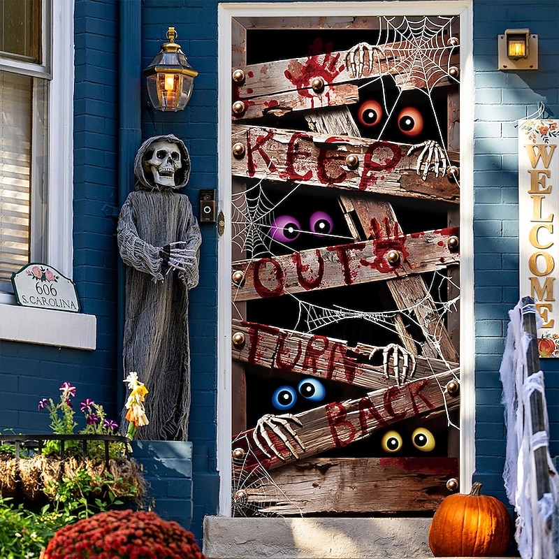 Halloween Door Cover Outdoor Banners Zombie Containment Unit Mummy 3D Dark Punk Gothic Style Party Outdoor Shooting Backgrounds Front Door Wall Porch Home Decor