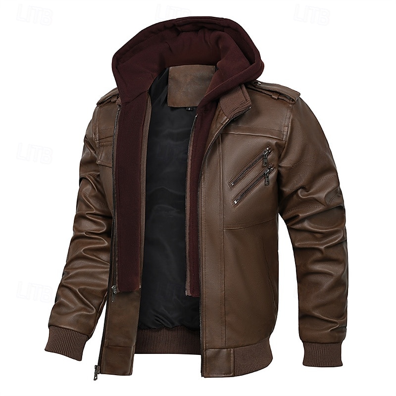 Men's Faux Leather Jacket Fleece Jacket Biker Jacket Motorcycle Jacket Vacation Daily Windproof Warm Pocket Winter Plain Fashion Classic Hooded Regular Black Brown Jacket