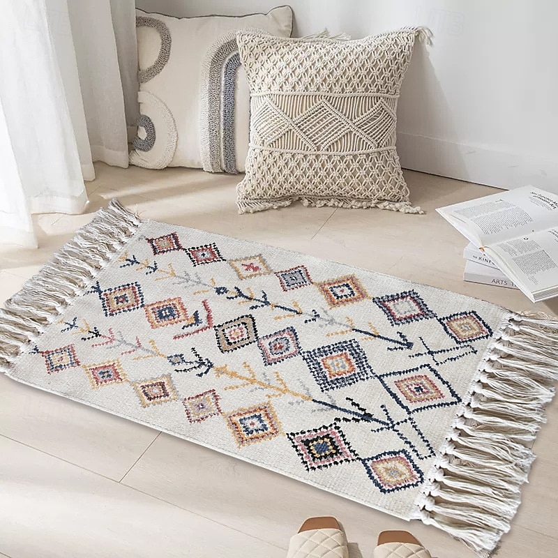 Bohemian Tassel Rug For Bedroom Simple Cotton Linen Woven Floor Mat Bedside Carpet Home Window Seat Cushion Decorative Durable Soft Non Slip Living Room Area Rug