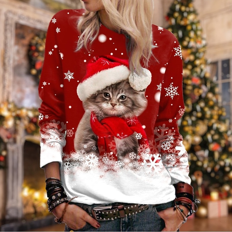 Women's Pullover Sweatshirt Hoodies Graphic Snowman Christmas Fashion Casual Long Sleeve Crew Neck Regular Tops Street Dailywear Casual Print Black Red Blue Purple Fuchsia Fall Winter