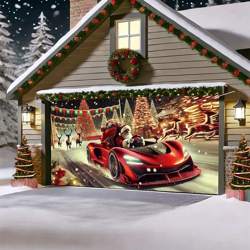 Christmas Tapestry Garage Door Cover Large Hanging Backdrop Car Gift Cute 3D Party Outdoor Holiday Shooting Backgrounds Yard Home Decor4