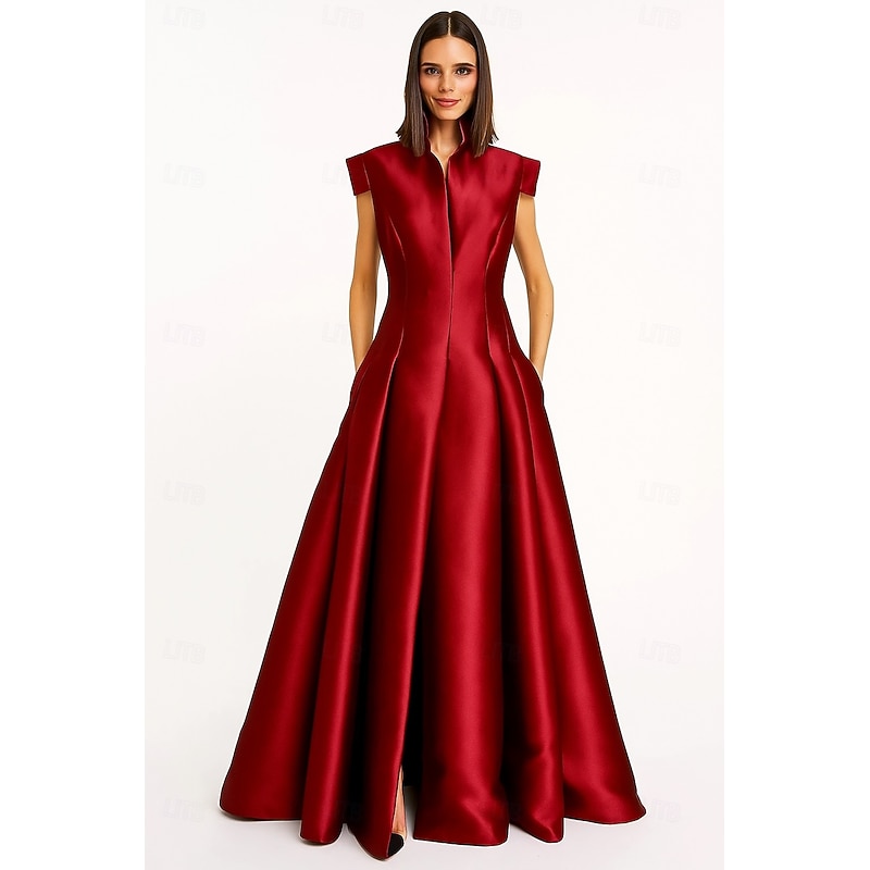 Black Red A-Line Evening Gown Elegant Formal Dress Formal Wedding Floor Length Short Sleeve Queen Anne Pocket Satin with Pocket 20252