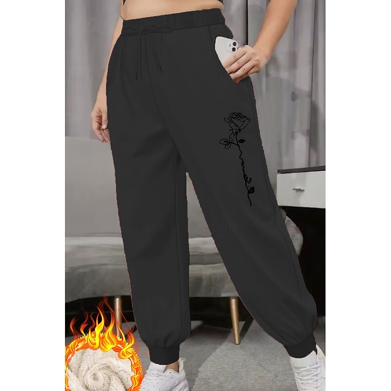 Women's Sweatpants Vacation Vintage Ethnic Style Full Length High Waist Floral Graphic Drawstring Pocket Fleece Thermal Warm Windproof Comfy High Elasticity Formal Vacation Street Dark-Gray Black Pink3