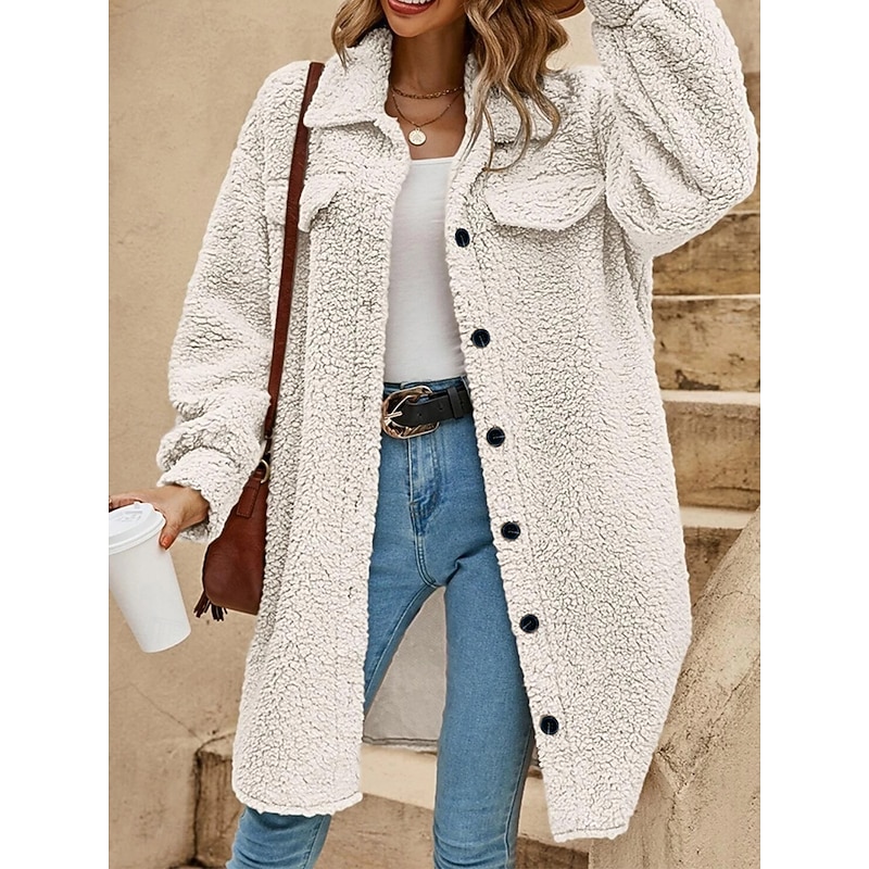 Women's Winter Coat Fleece Jacket Comfortable Breathable Pocket Buttons Casual Plain Vacation Street Casual Daily Wear Single Breasted Long Turndown Regular Fit Long Sleeve Outerwear White Khaki