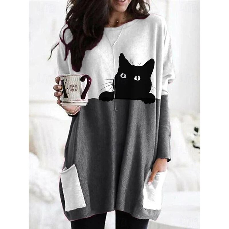 Women's T Shirt Graphic Animal Vintage Fashion Stylish Long Sleeve Crew Neck Long Tops Daily Going out Weekend Pocket Print Blue Dark Gray Beige Gray Spring Fall4