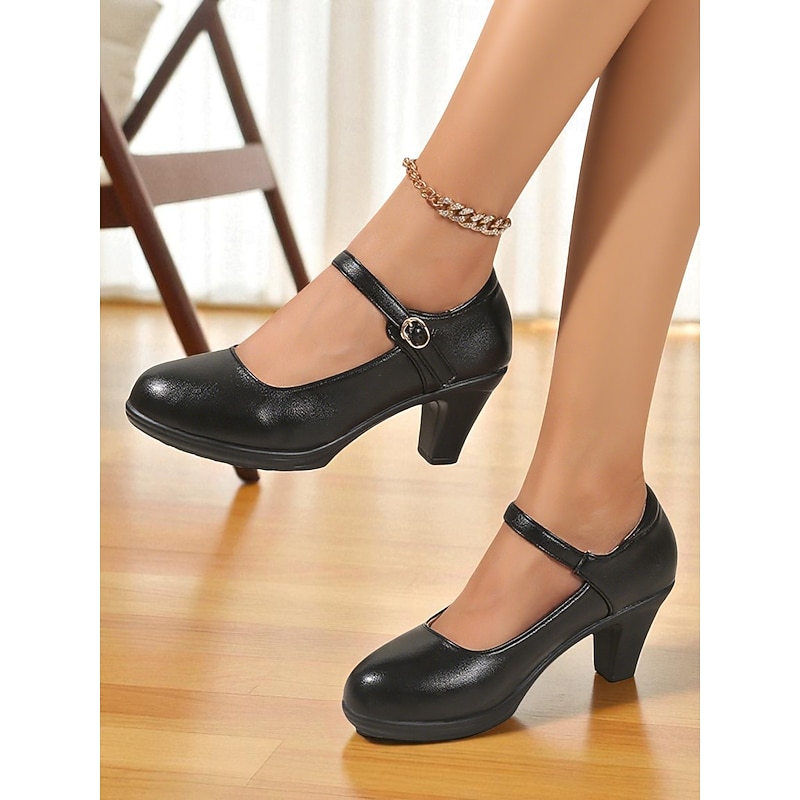 Women's Comfortable Black Mary Jane Pumps - Faux Leather Round Toe Mid Heel Work Shoes for Office, Business and Everyday Wear2