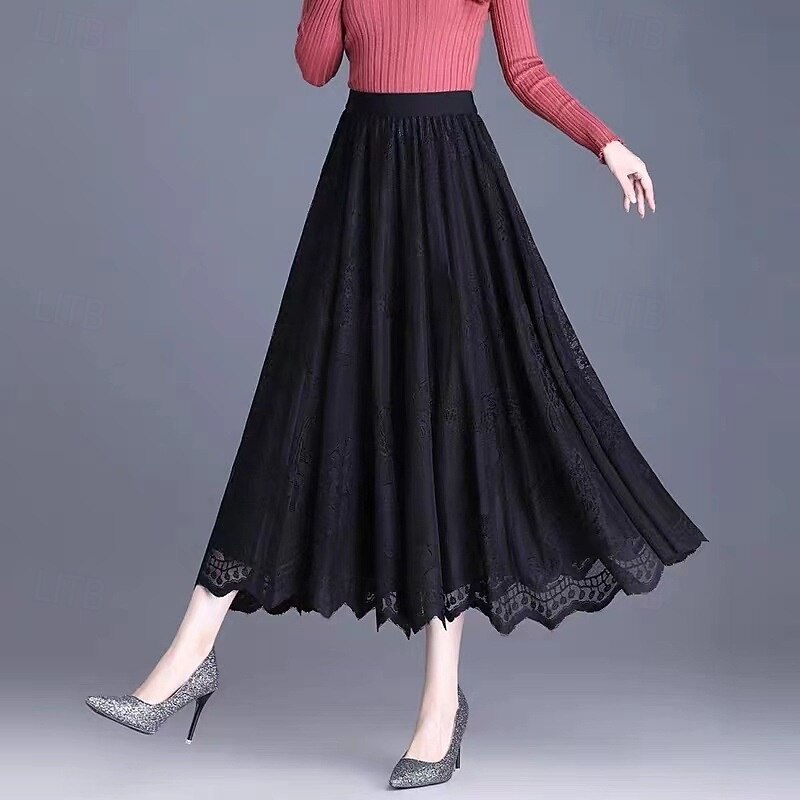 Women's Skirt A Line Elegant Fashion Casual Maxi High Waist Skirts Plain Lace Patchwork Stretchy Street Daily Black And White Black Coffee Gray Spring Polyester2