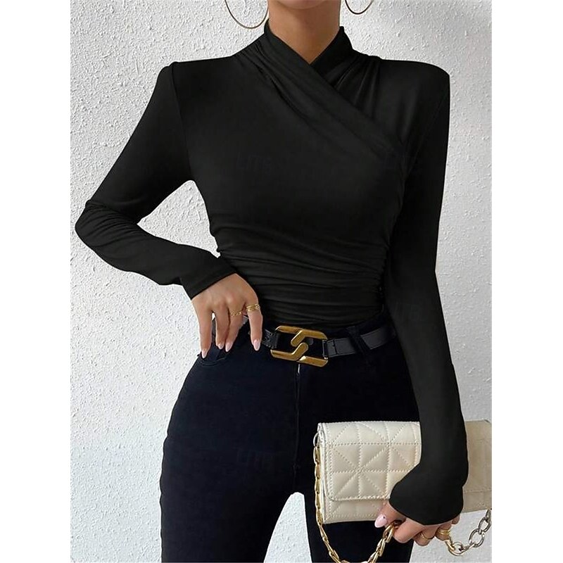 Women's Blouse Solid Color Stylish Casual Long Sleeve V Neck Regular Tops Daily Ruched Black White Apricot Gray Spring Fall Winter2