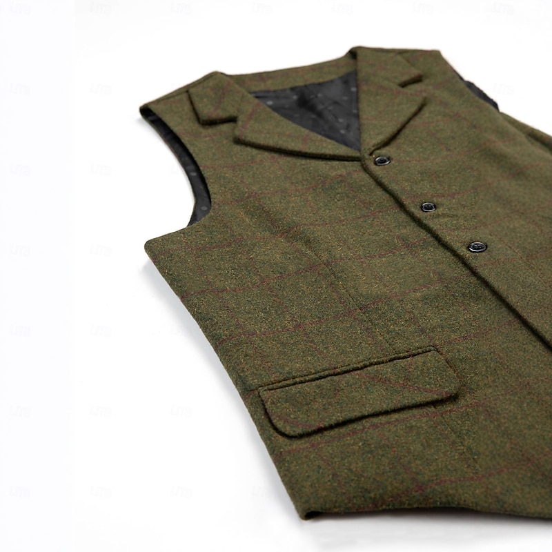 Men's Tweed Vest Waistcoat Formal Wedding Vacation Daily Fashion Classic Spring Fall Pocket Buttons Polyester Tweed Comfortable Plaid Plain Single Breasted V Neck Slim Fit Black Navy Blue Brown Green4