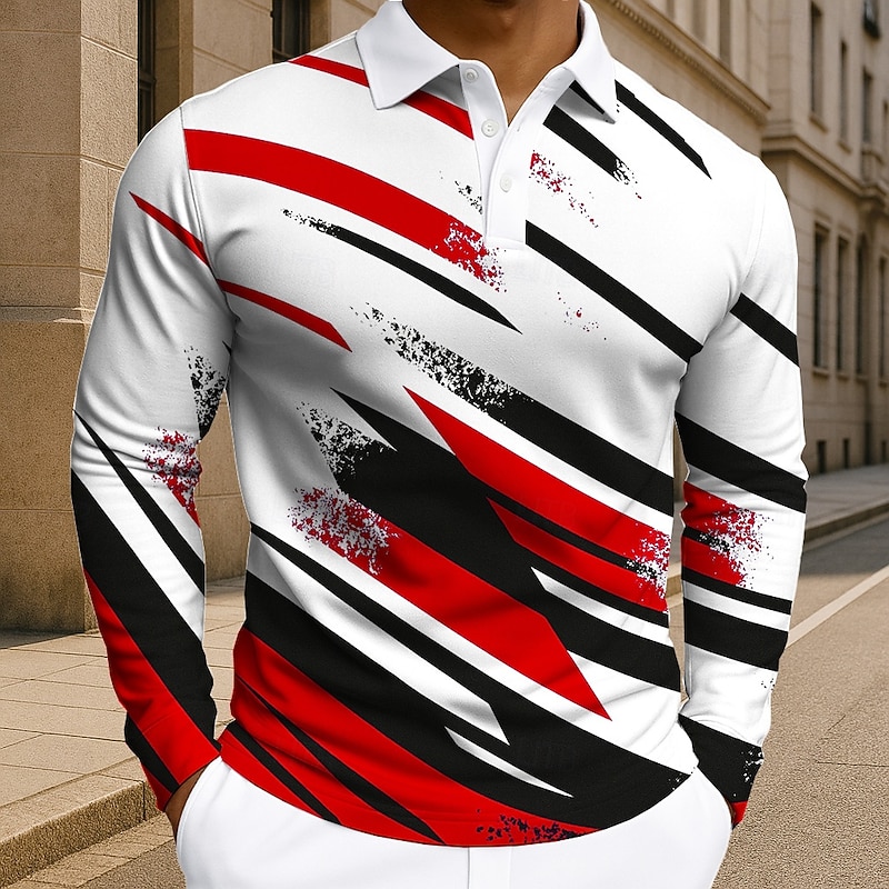 Men's Geometic Line Polo Long Sleeve Polo Shirts Lapel Casual Athleisure Daily Wear 3D Print Buttons Spring Fall Winter Red Blue Purple2