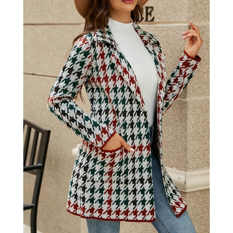 Women's Blazer Comfortable Pocket Casual Plaid Vacation Street Going out Weekend Long Turndown Regular Fit Long Sleeve Outerwear Khaki Light Grey Dark Gray Fall Winter