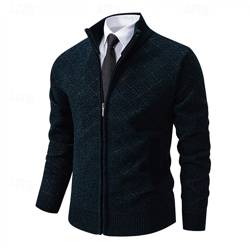 Men's Sweater Cardigan Sweater Zip Sweater Ribbed Knit Regular Tops Knitted Plain High Neck Vacation Fashion Business Casual Clothing Apparel Spring &  Fall Black Navy Blue M L XL3